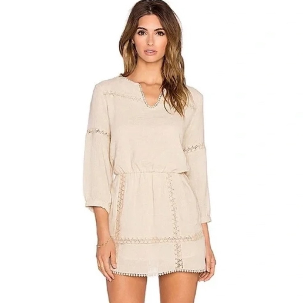 Anine Bing Neutral Beige Linen Eyelet Lace Trim Tunic Mini dress Size XS